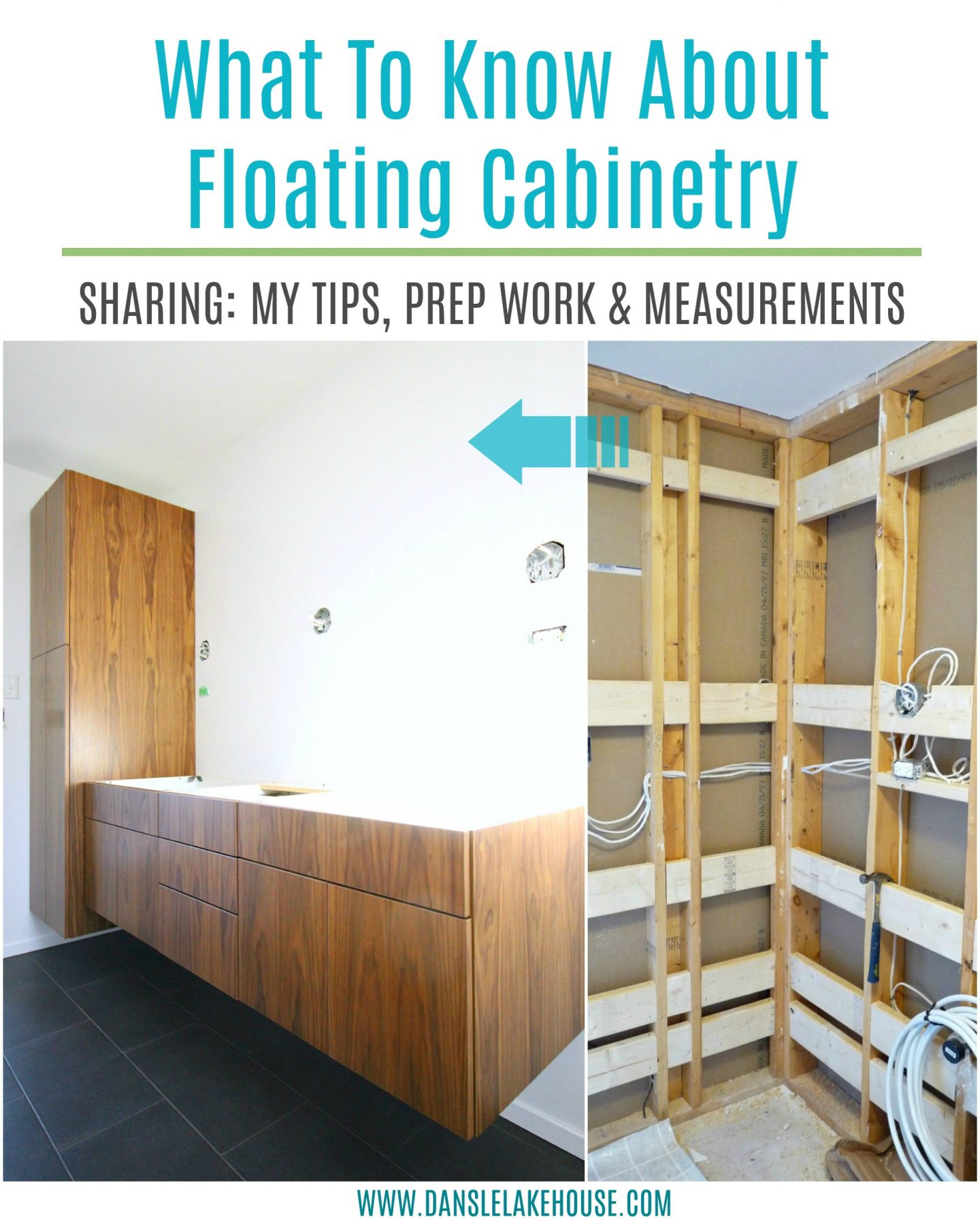 What to Know About Floating Wall Mounted Cabinetry: Tips, Tricks and Prep Required. Read about my floating cabinets in the bathroom. #renovating #floatingcabinets #cabinetry #howto
