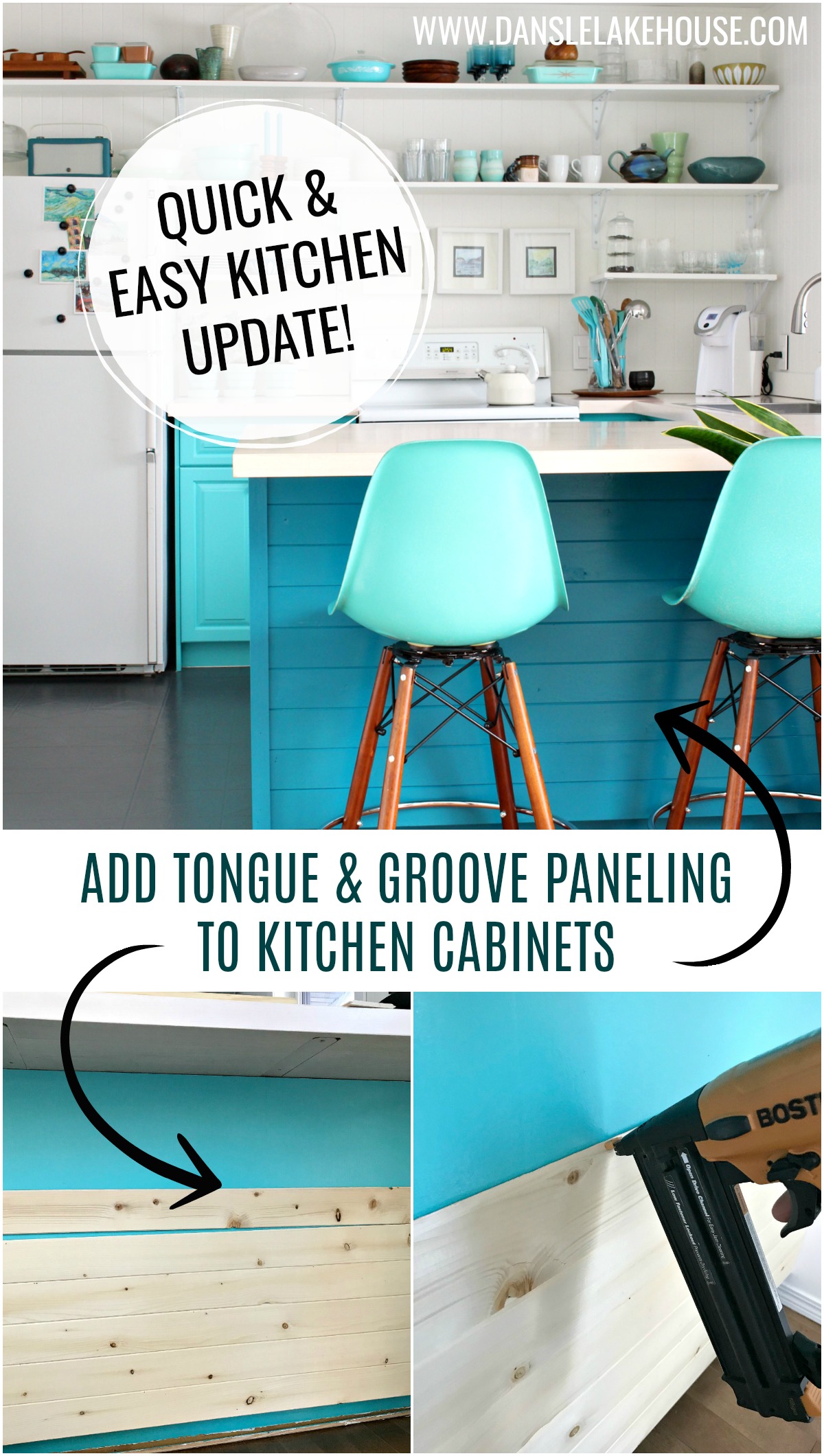How to Install Tongue and Groove Paneling on Kitchen Cabinets (+ New Teal Cabinet Color!)