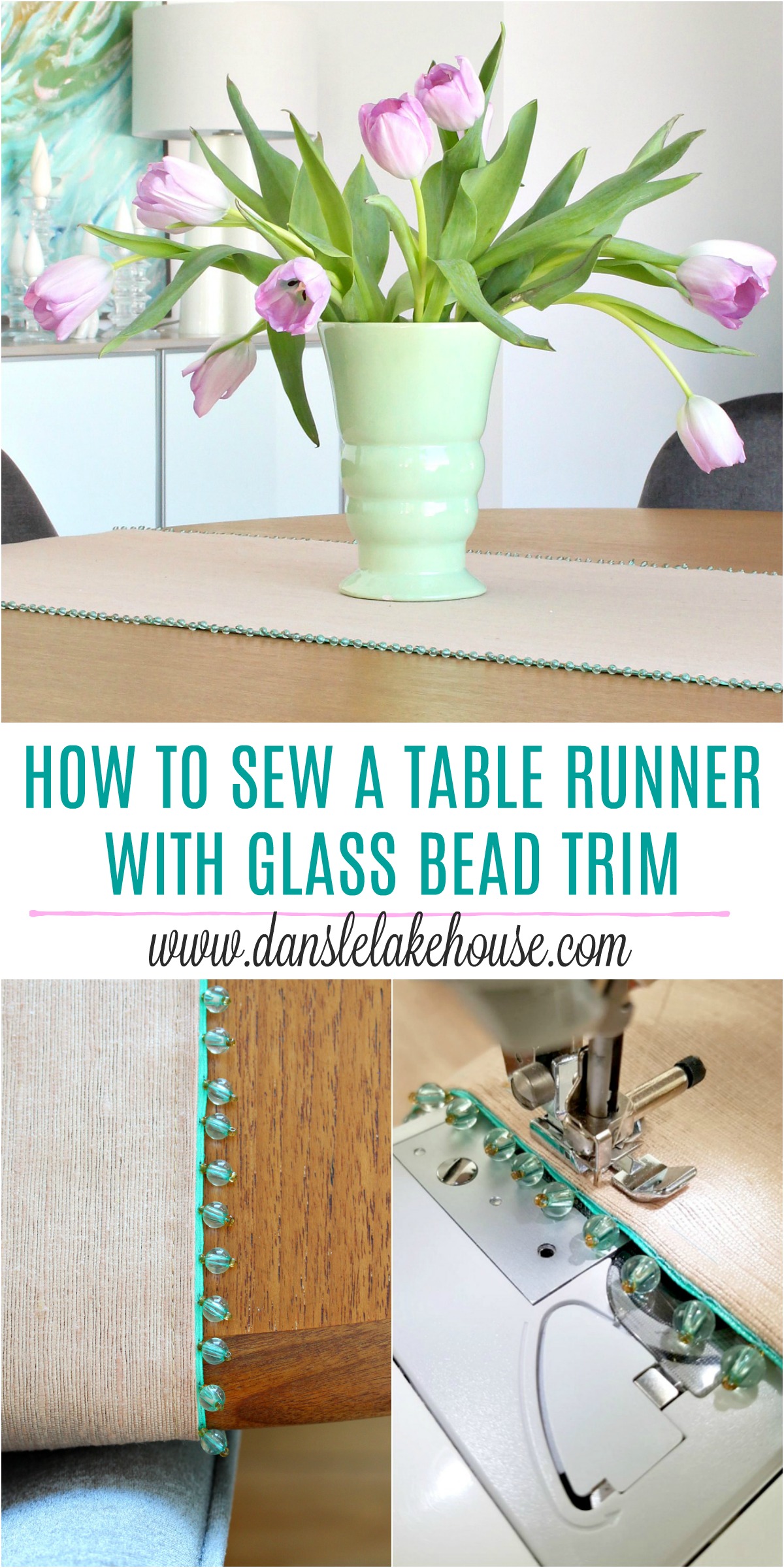 Learn how to sew this beautiful DIY spring table runner with tips on how to baste and sew glass bead trim. Such a sweet sewing project idea! #springdecor #sewing #tablerunner #diysewing