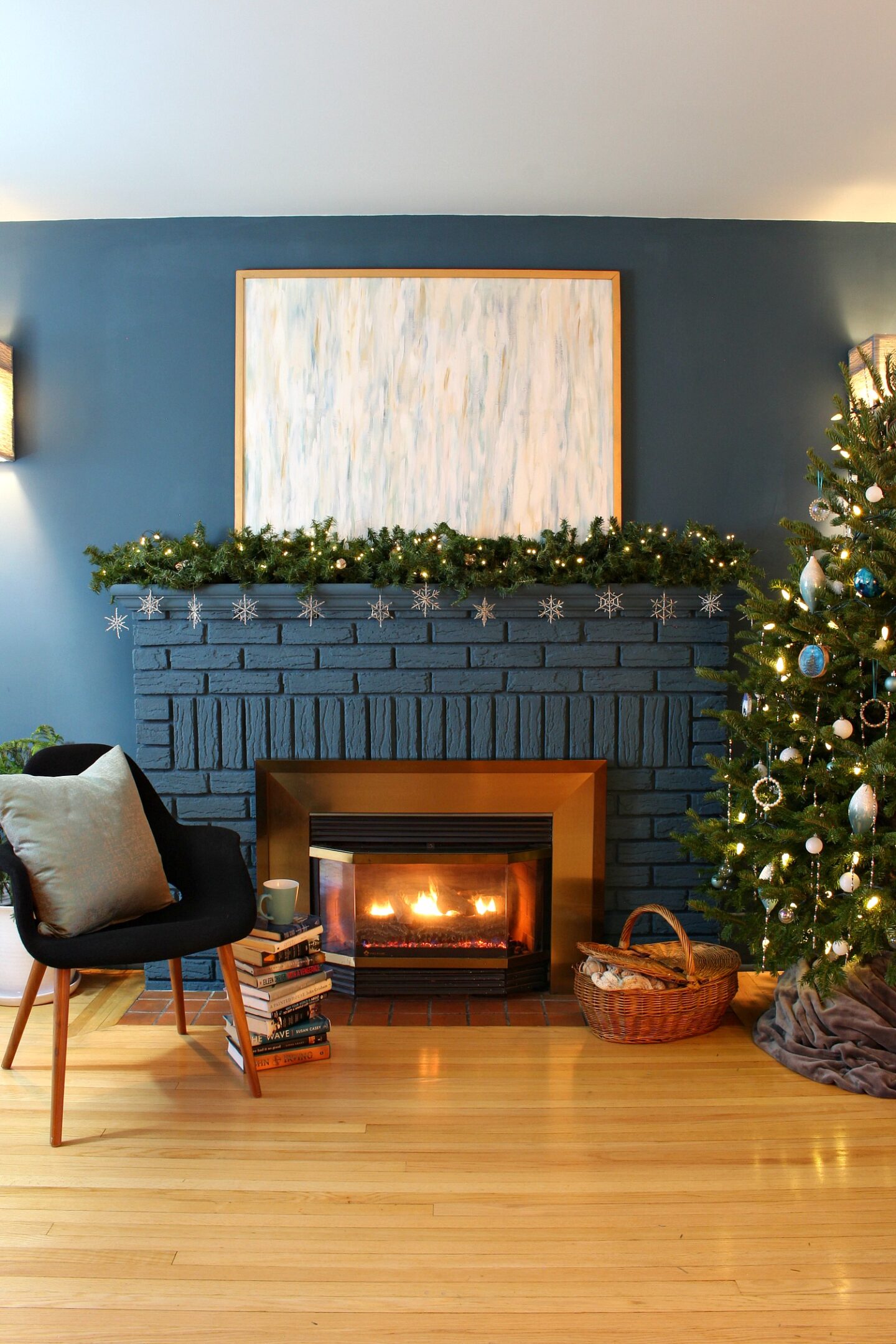 Blue Fireplace with Christmas Garland