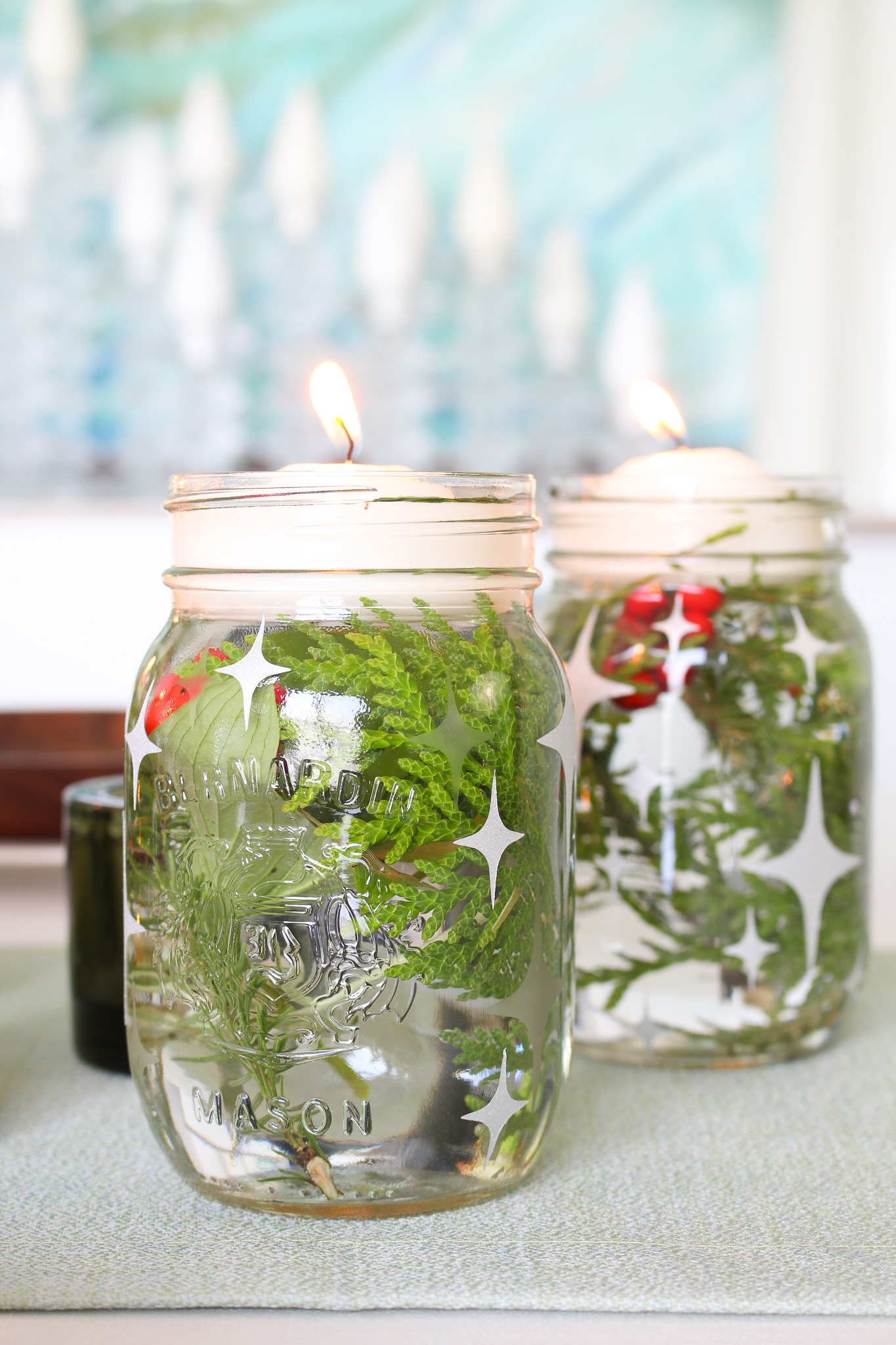 Upcycled Etched Glass Mason Jar Centerpiece Idea