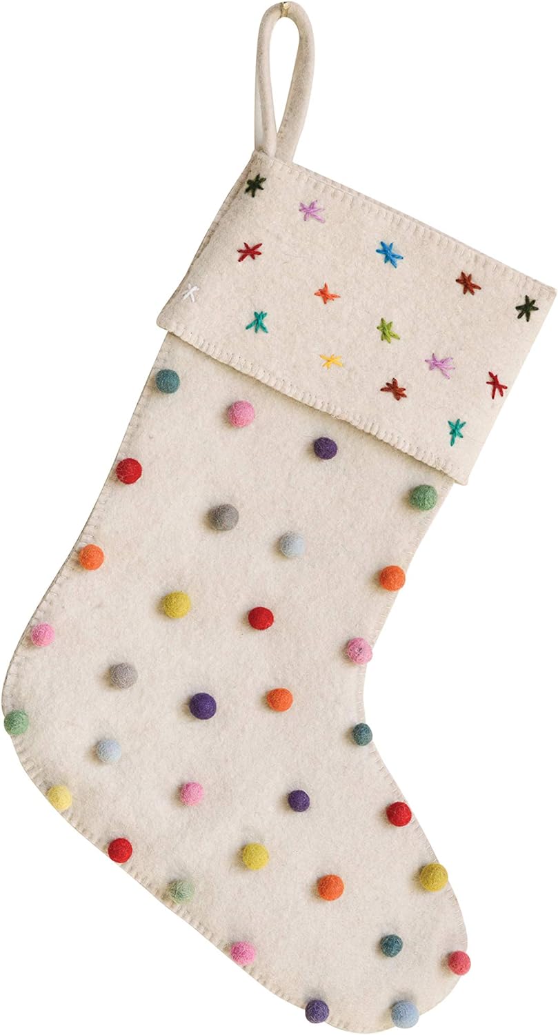 Felted Wool Christmas Stocking with Colorful Pom Pom Balls