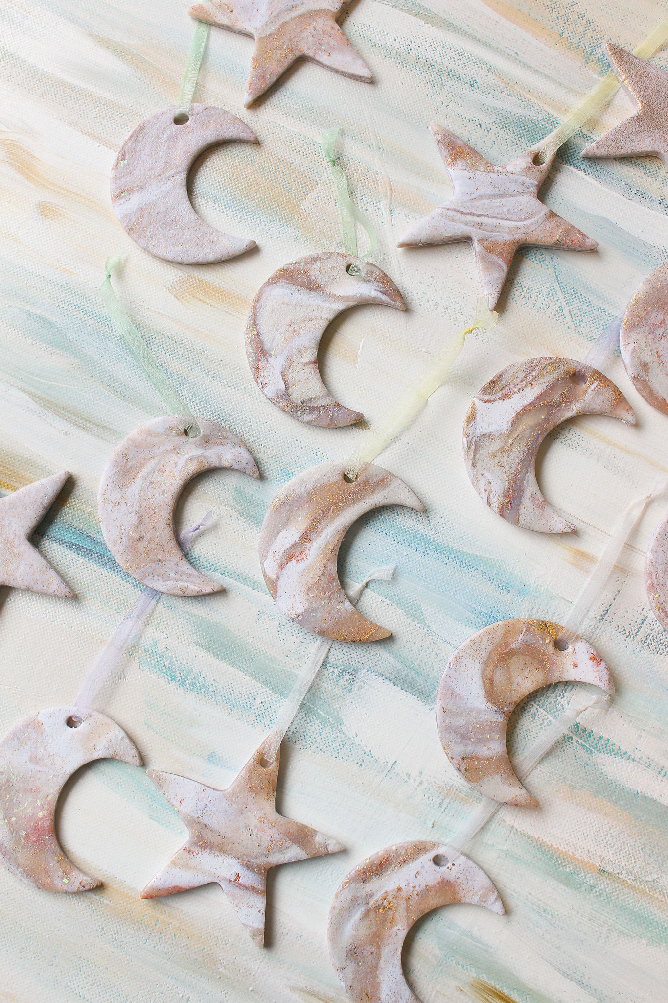 DIY Marbled Polymer Clay Moon and Stars Ornaments