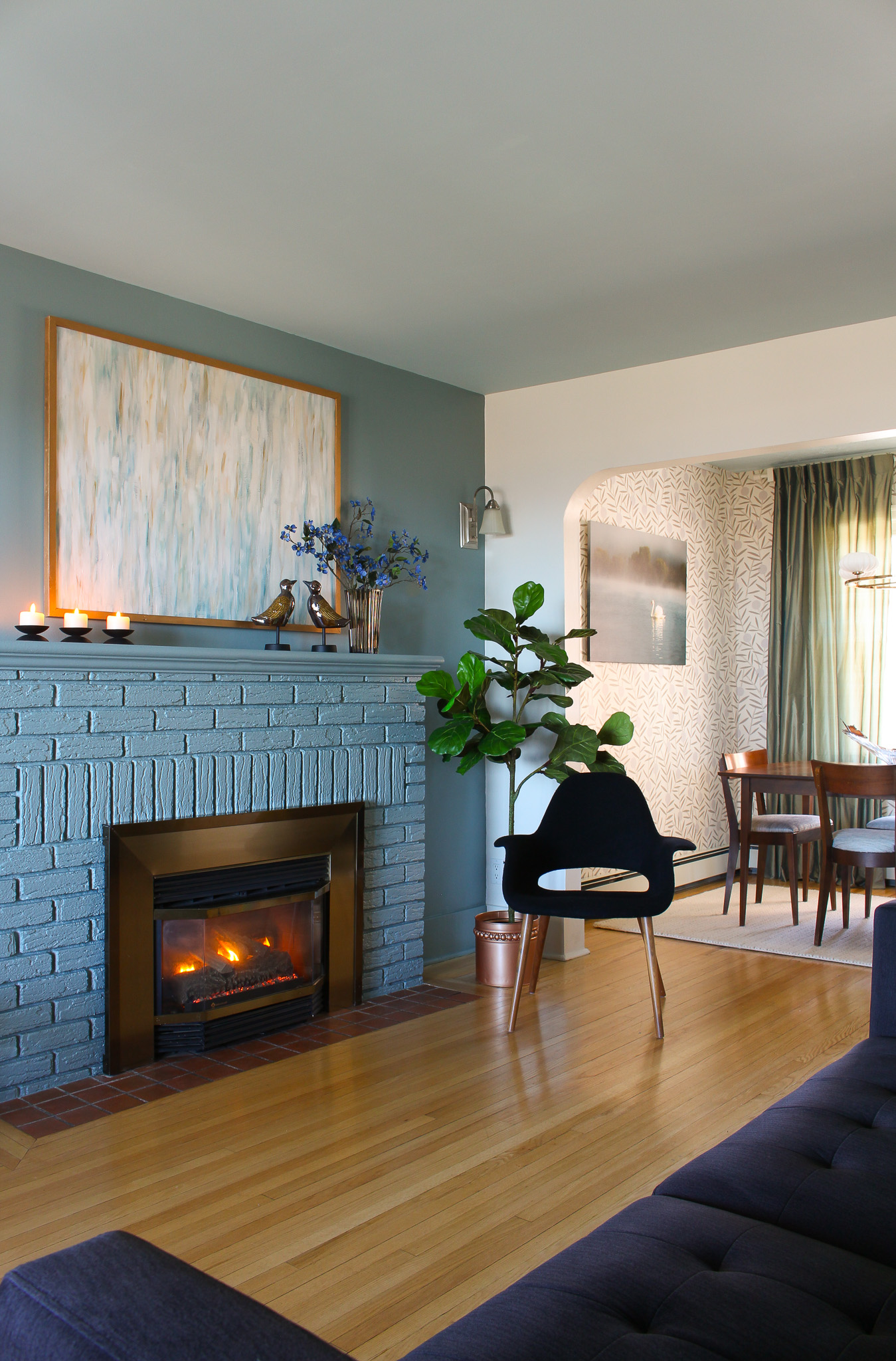 Muted Aqua Painted Brick Fireplace