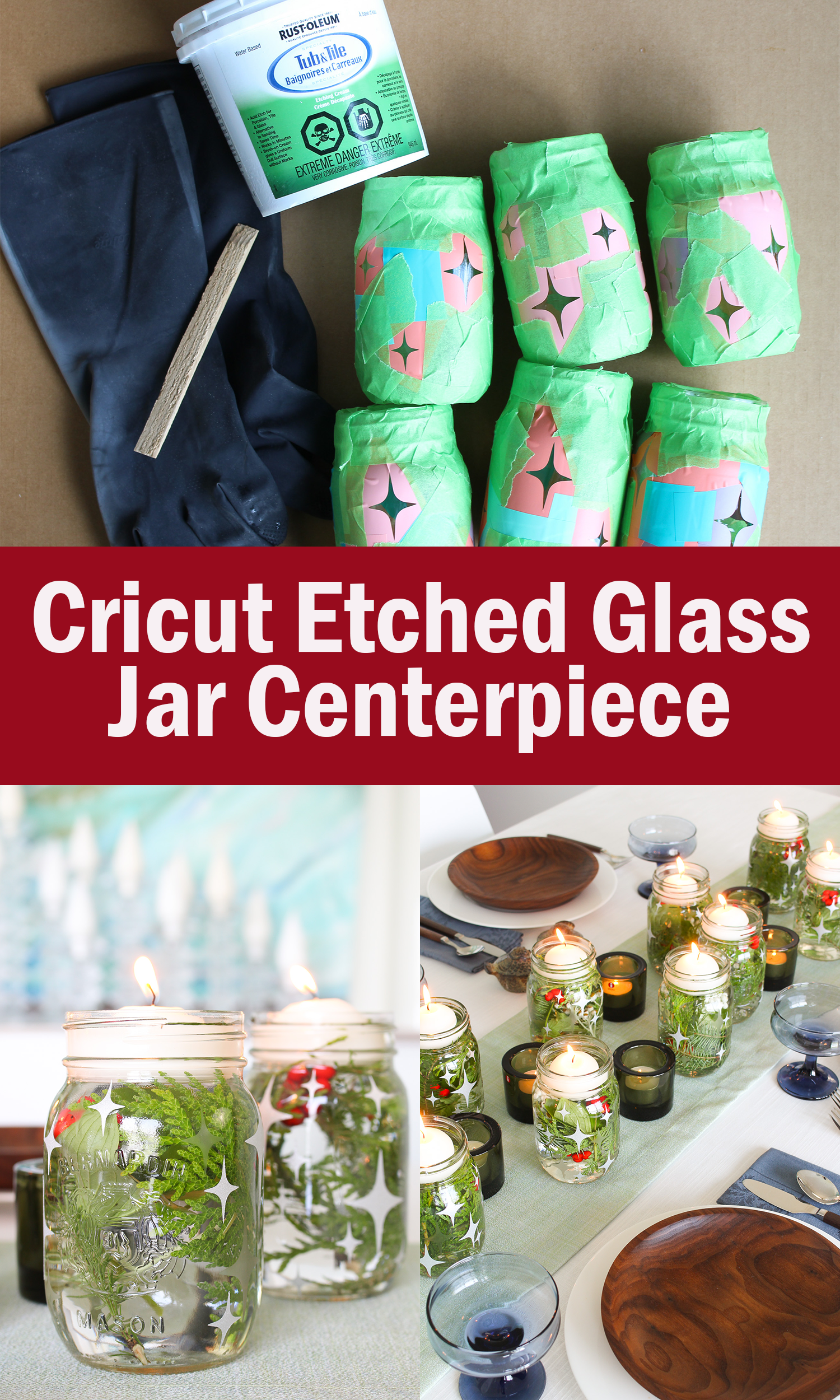 Cricut Etched Glass Jar Centerpiece for Winter Solstice, Christmas or New Year's Eve