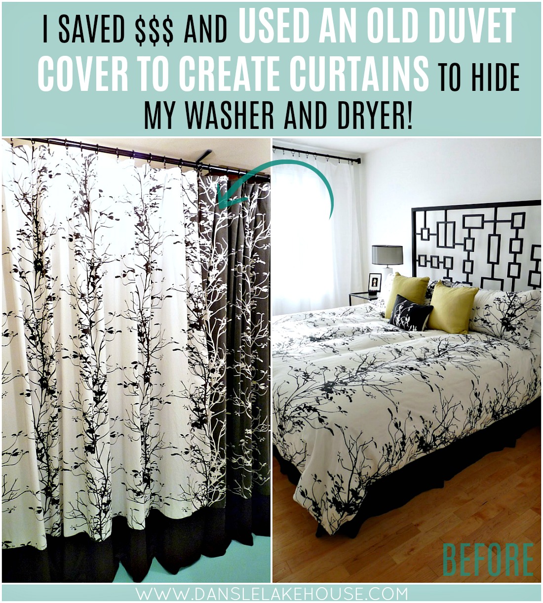 How to Hide an Ugly Washer and Dryer with an Upcyled Curtain. Budget-Friendly Laundry Room Makeover Idea! #laundroom #upcycle #savingmoney #budgethomedecor
