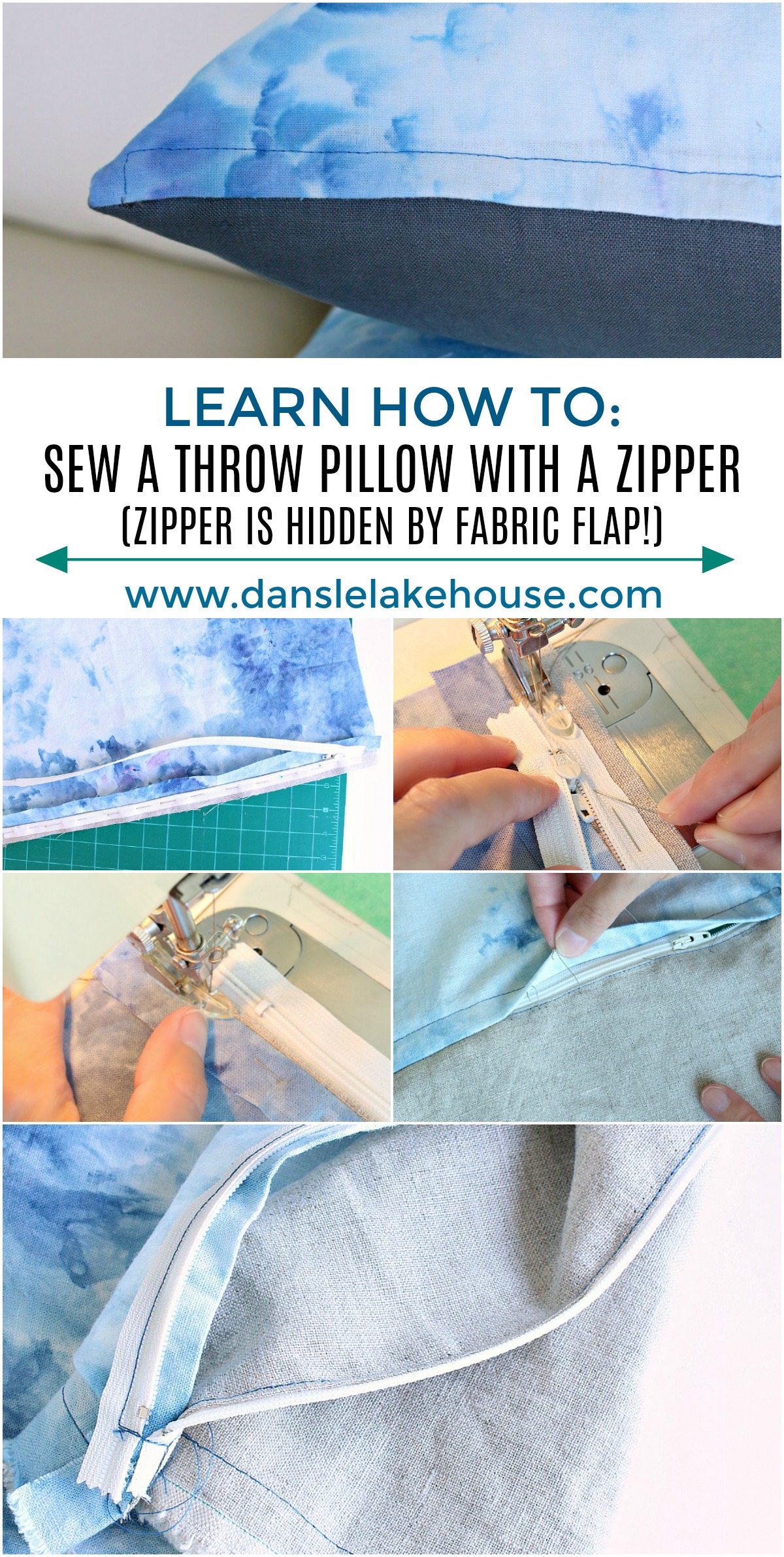 EXCELLENT DIY throw pillow tutorial - TONS of photos, step-by-step instructions. Learn How to Sew a Throw Pillow with a Zipper. A Flapped zipper is hidden and much easier than an invisible zipper - but adds a polished look to homemade throw pillows. #diyhomedecor #diy #sewing #diythrowpillows #diypillows #sewpillows #sewzipper #zippertutorial