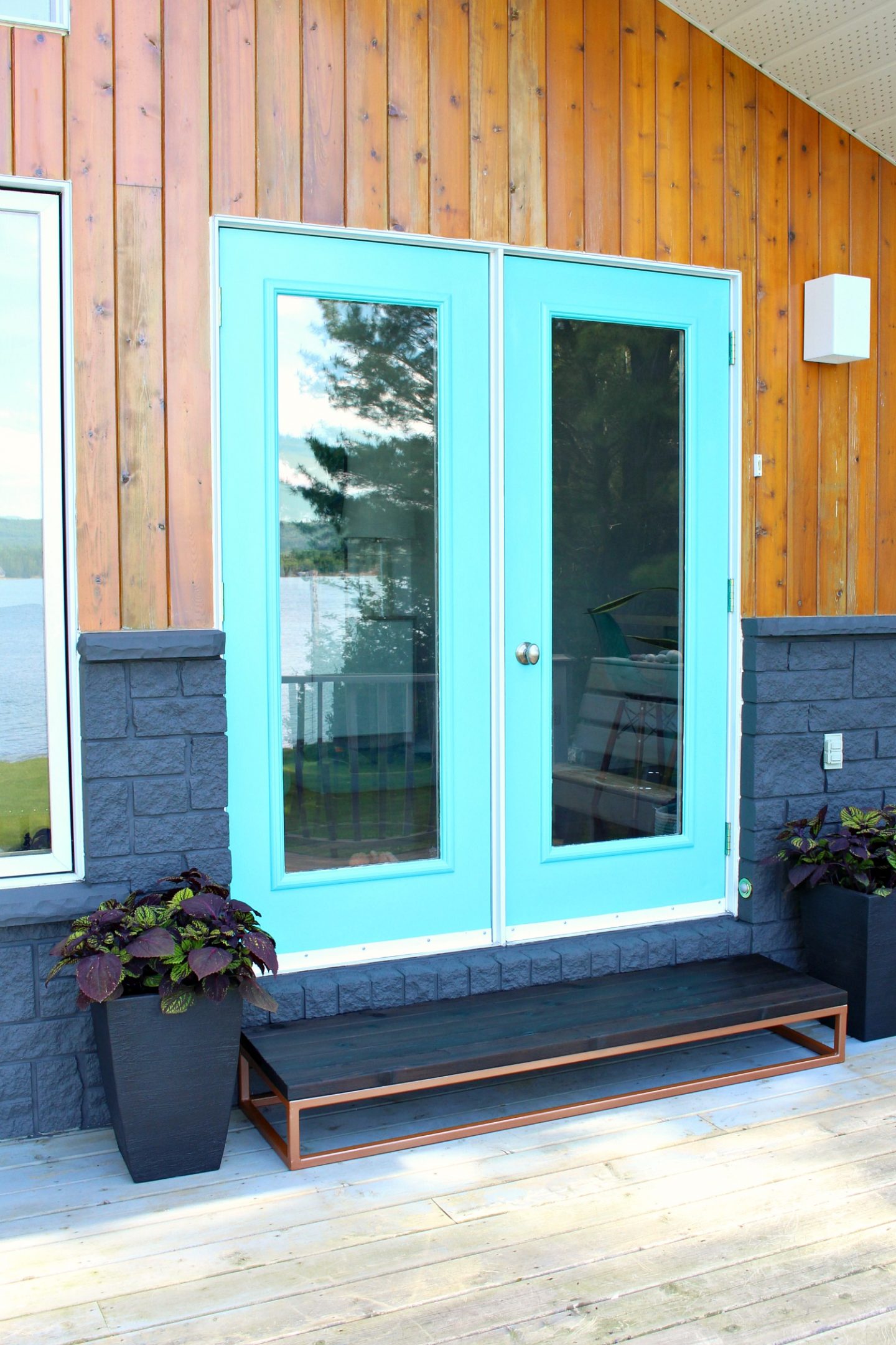 Patio Door Makeover with Aqua Doors and Dark Grey Siding