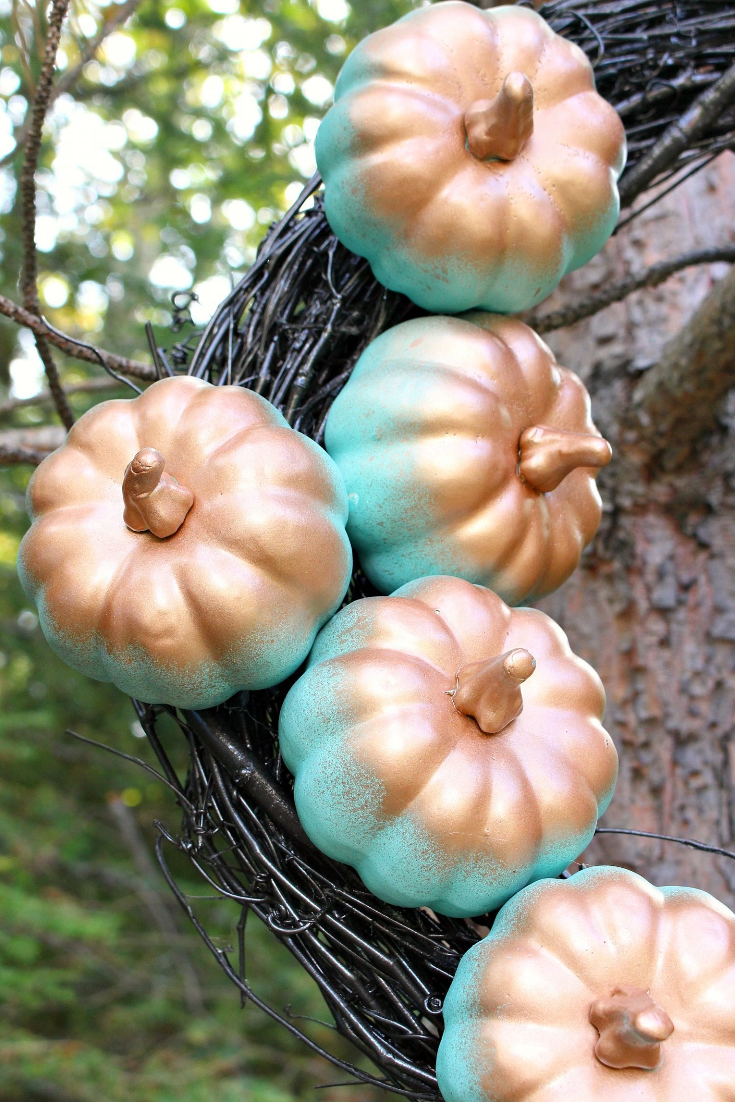 DIY Pumpkin Wreath with Turquoise and Copper Pumpkins