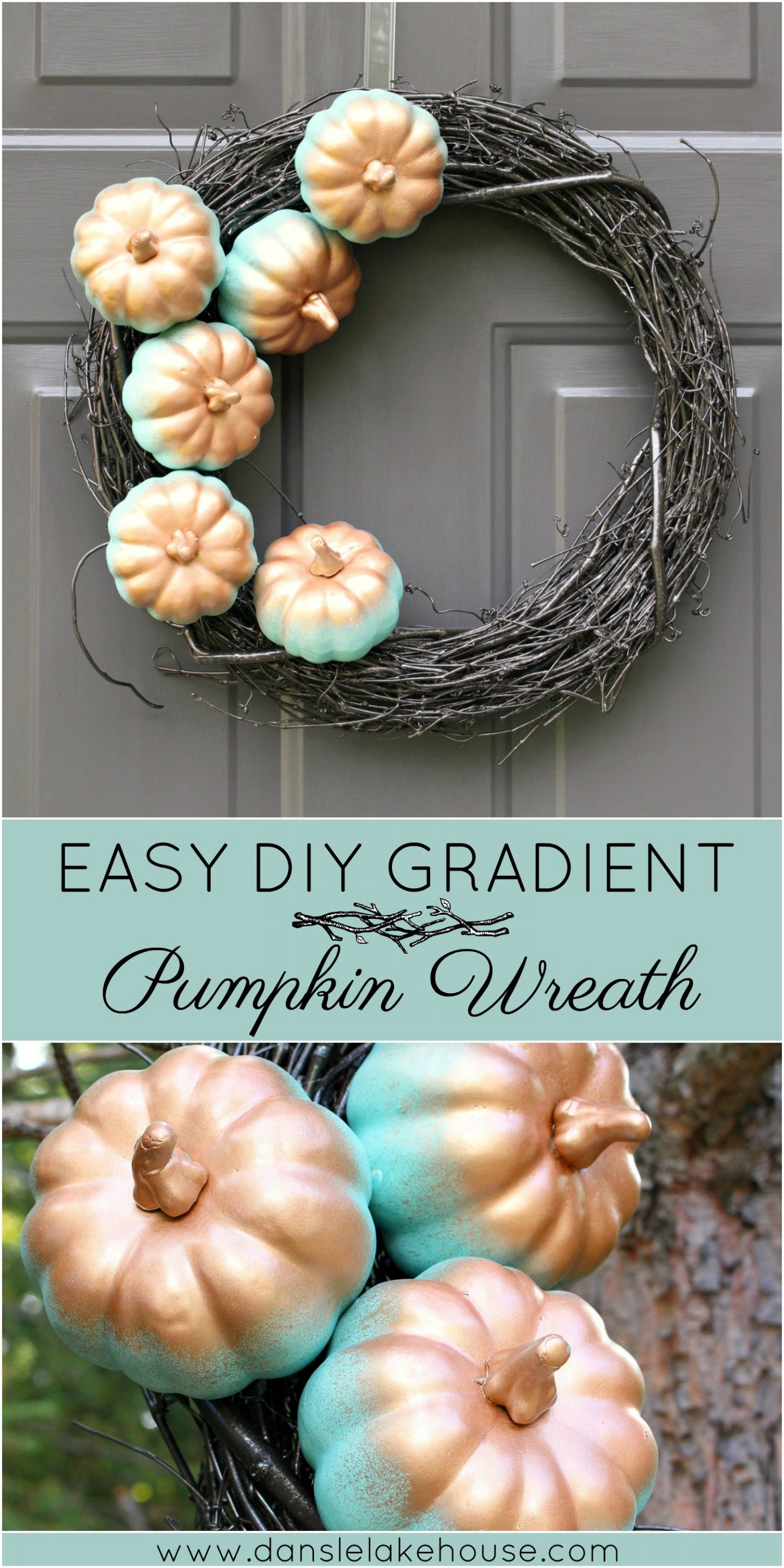 DIY Pumpkin Wreath with Aqua and Copper Gradient Pumpkins