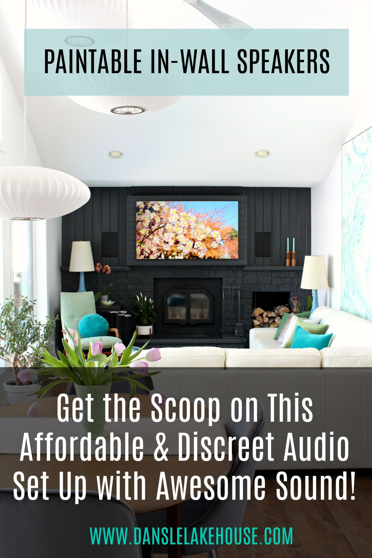 Want a great audio set up that doesn't look horrible! Check out these paintable in-wall speakers! Paint them ANY color to blend in with walls. Click through for exact product link - plus the link for the small receiver and subwoofer user here - they fit in a small media cabinet! Create a beautiful living room with amazing sound. #livingroom #audiosetup #speakers #tv 