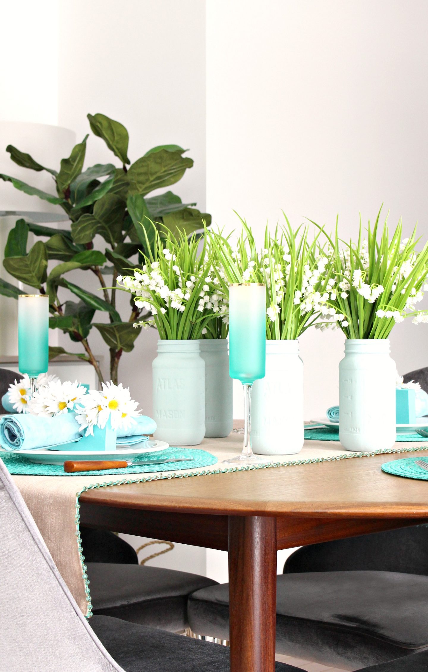 Painted Mason Jars and Lily of the Valley Easy Spring Tablescape + Dining Room Decor