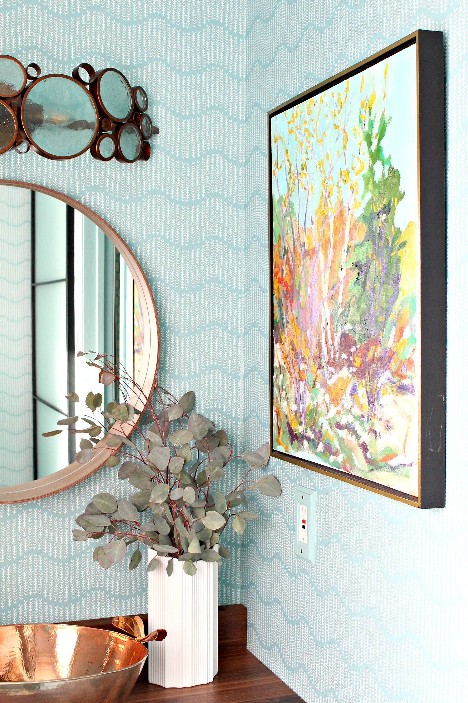 Aqua and Copper Powder Room Decor