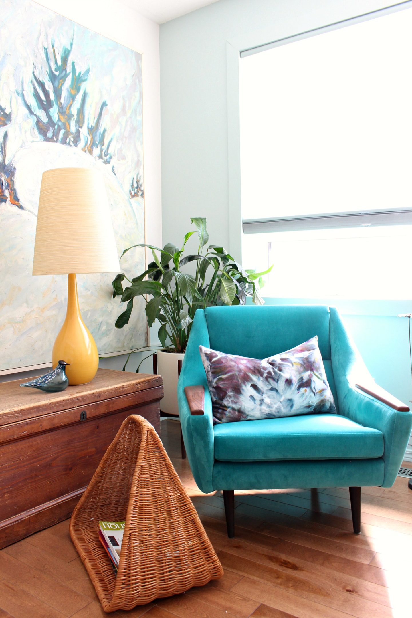 Colorful Home Office with Vintage Teal Velvet Chair
