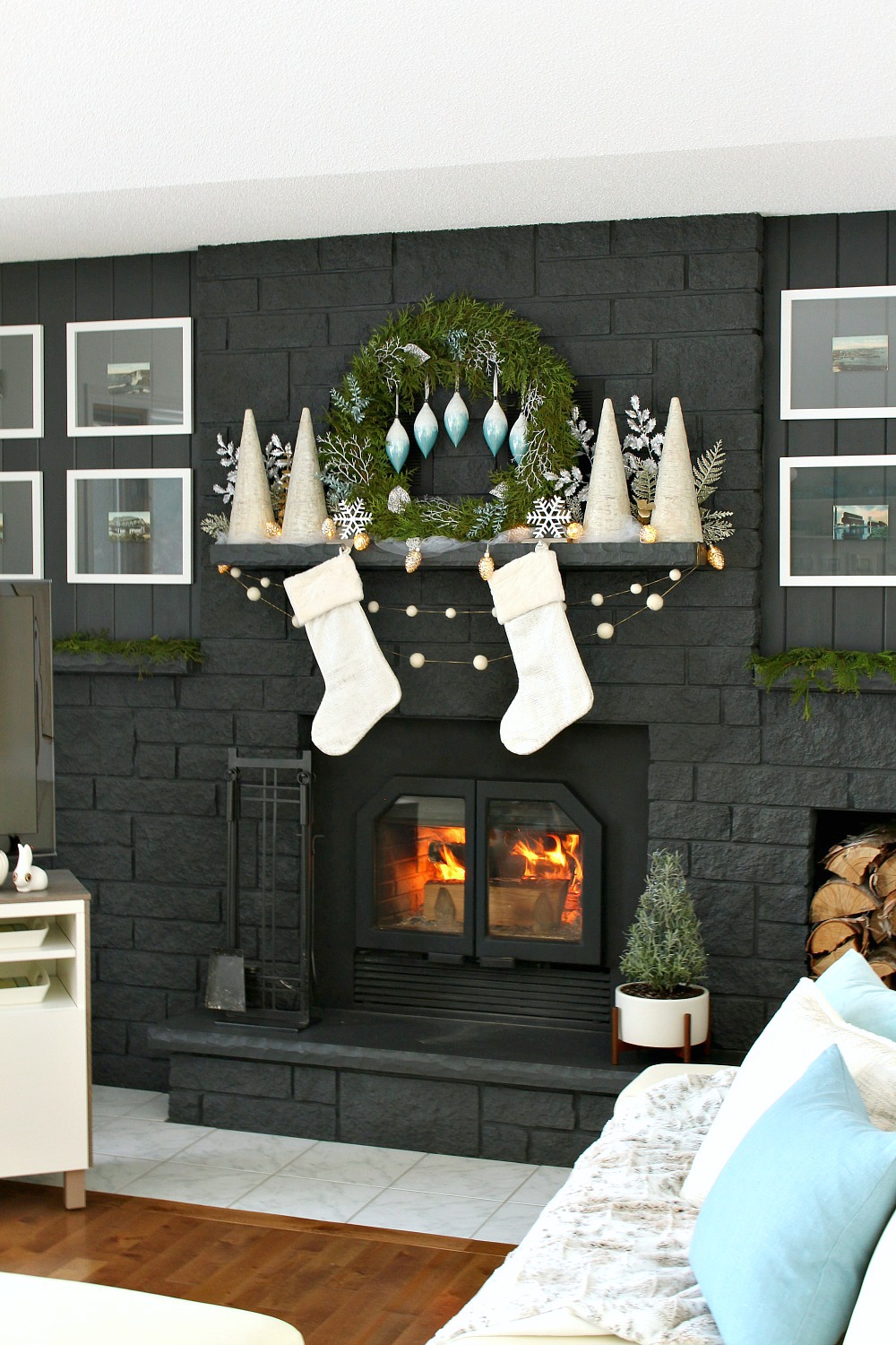 Blue and White Christmas Mantel Decor