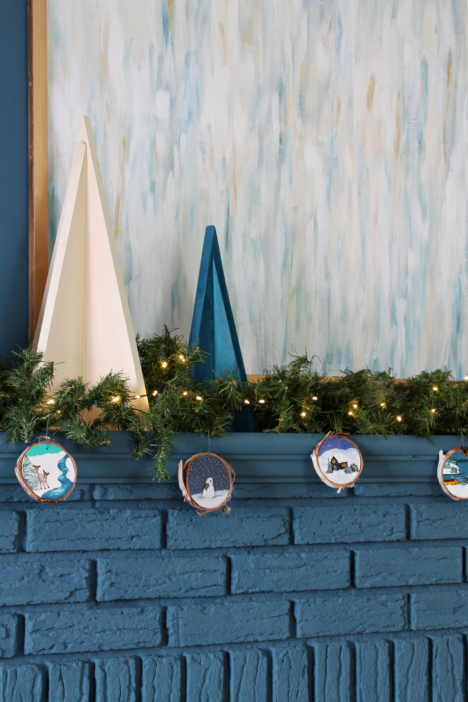 blue Christmas mantel decor