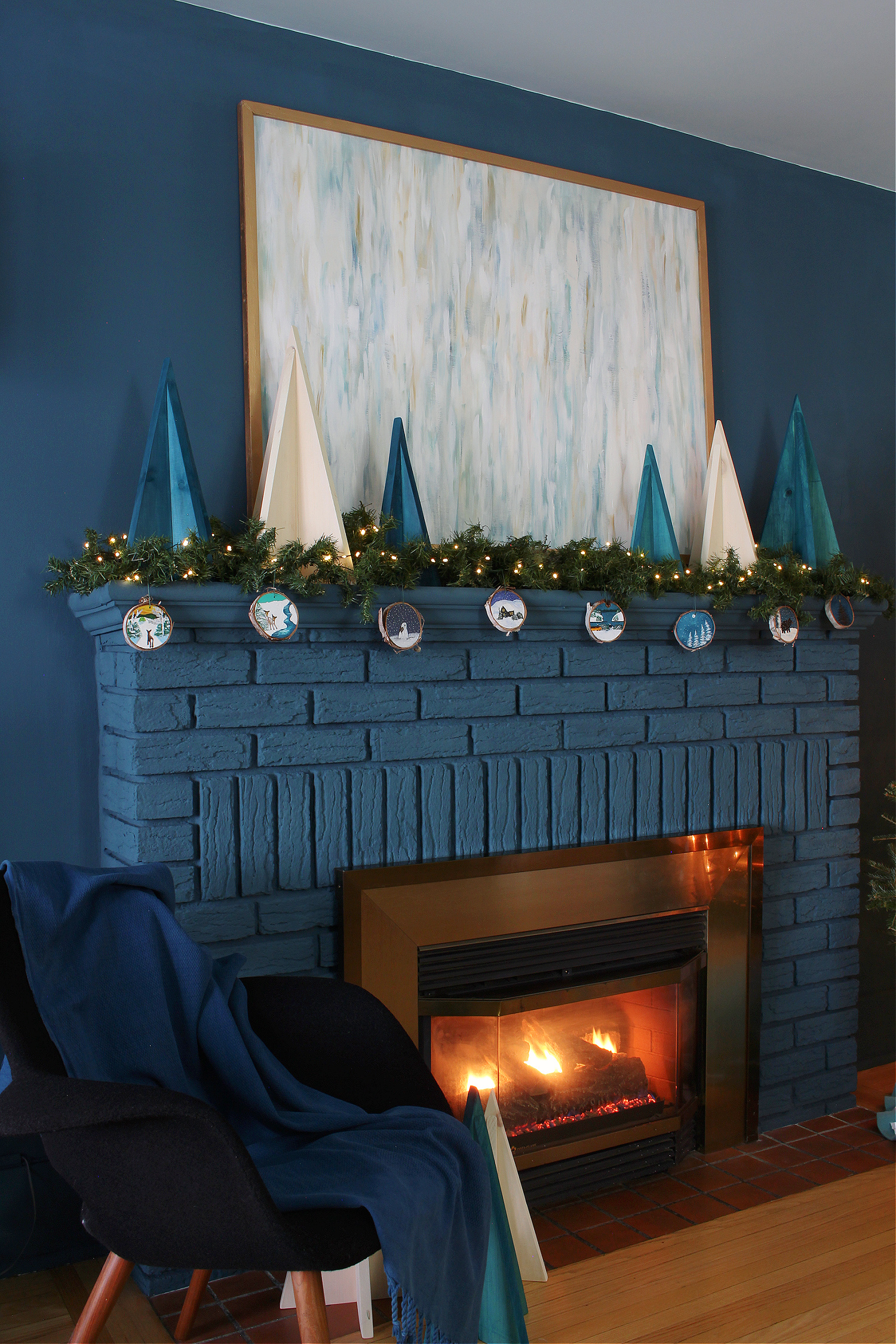 blue Christmas mantel decor
