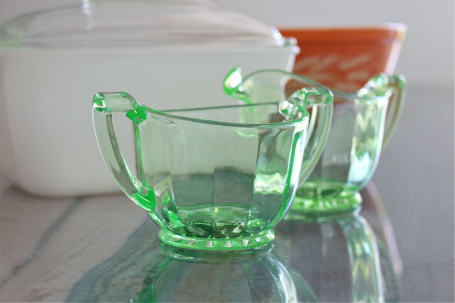 Bartlett-Collins Paneled #87 Green Uranium Vaseline Depression Glass Creamer and Sugar Set