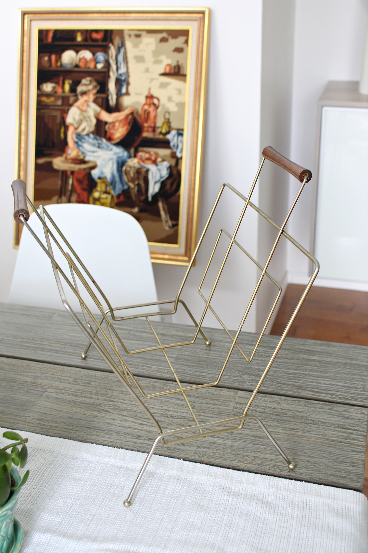 Mid-Century Brass Magazine Holder with Wood Handles