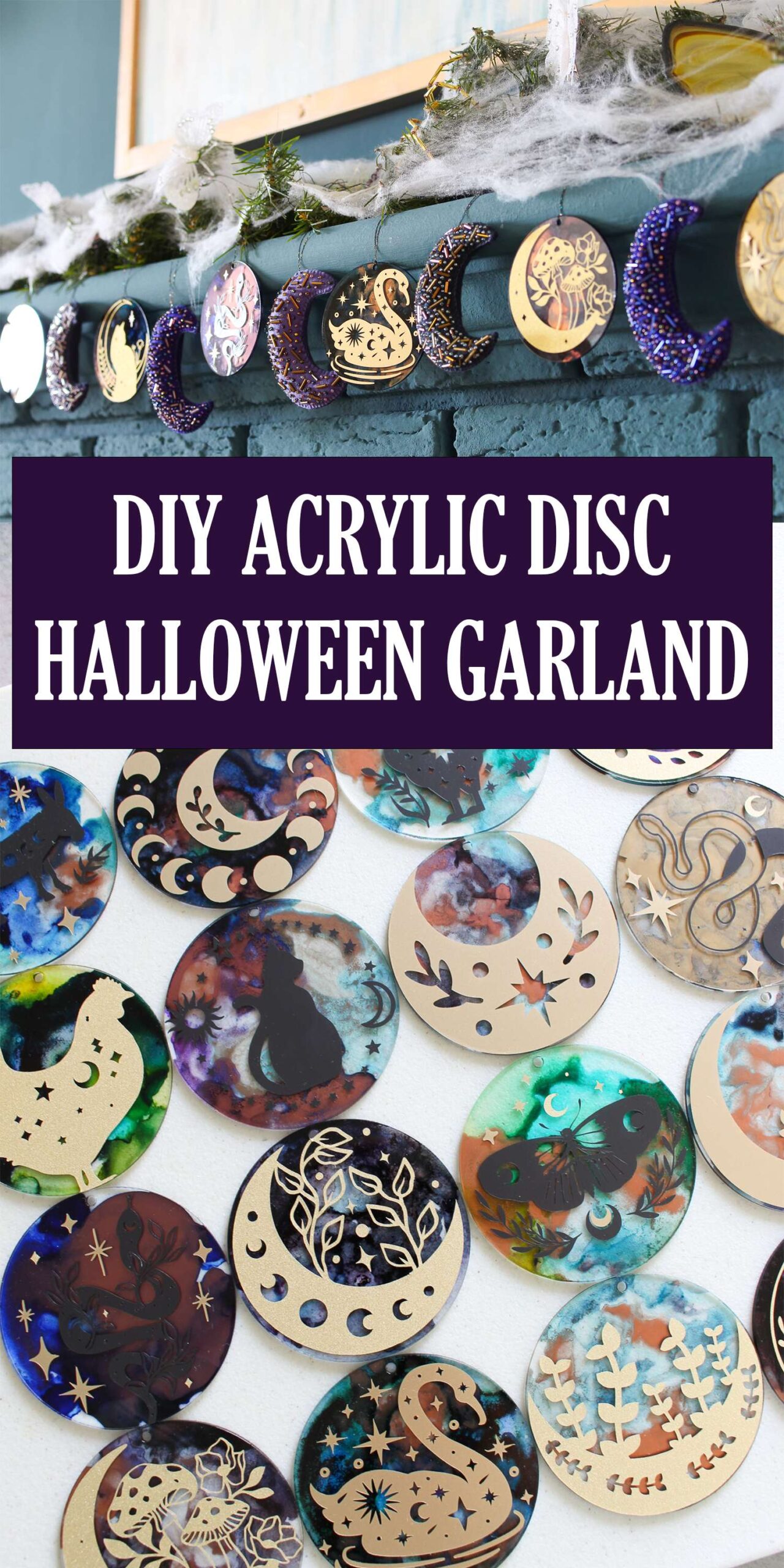 DIY Acrylic Disc Garland for Halloween. Paint acrylic discs with alcohol ink and add Cricut vinyl designs in Halloween themes to create a one of a kind DIY Halloween garland. 