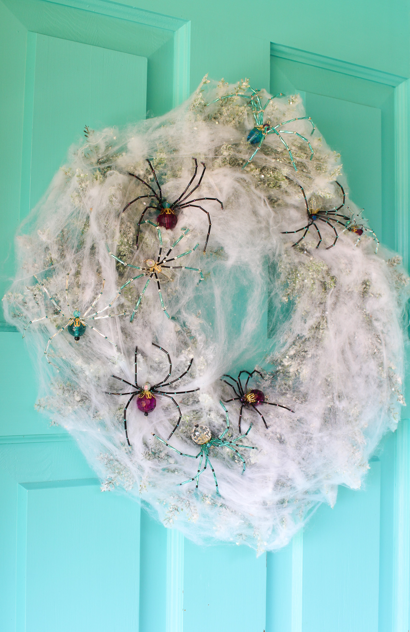 DIY Cob Web Wreath with Beaded Spiders for Halloween Front Door Decorating