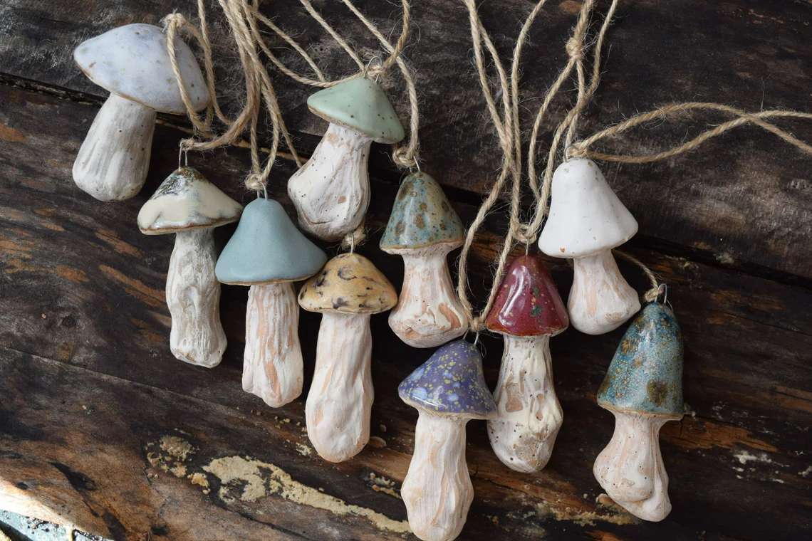 handmade clay mushroom ornaments