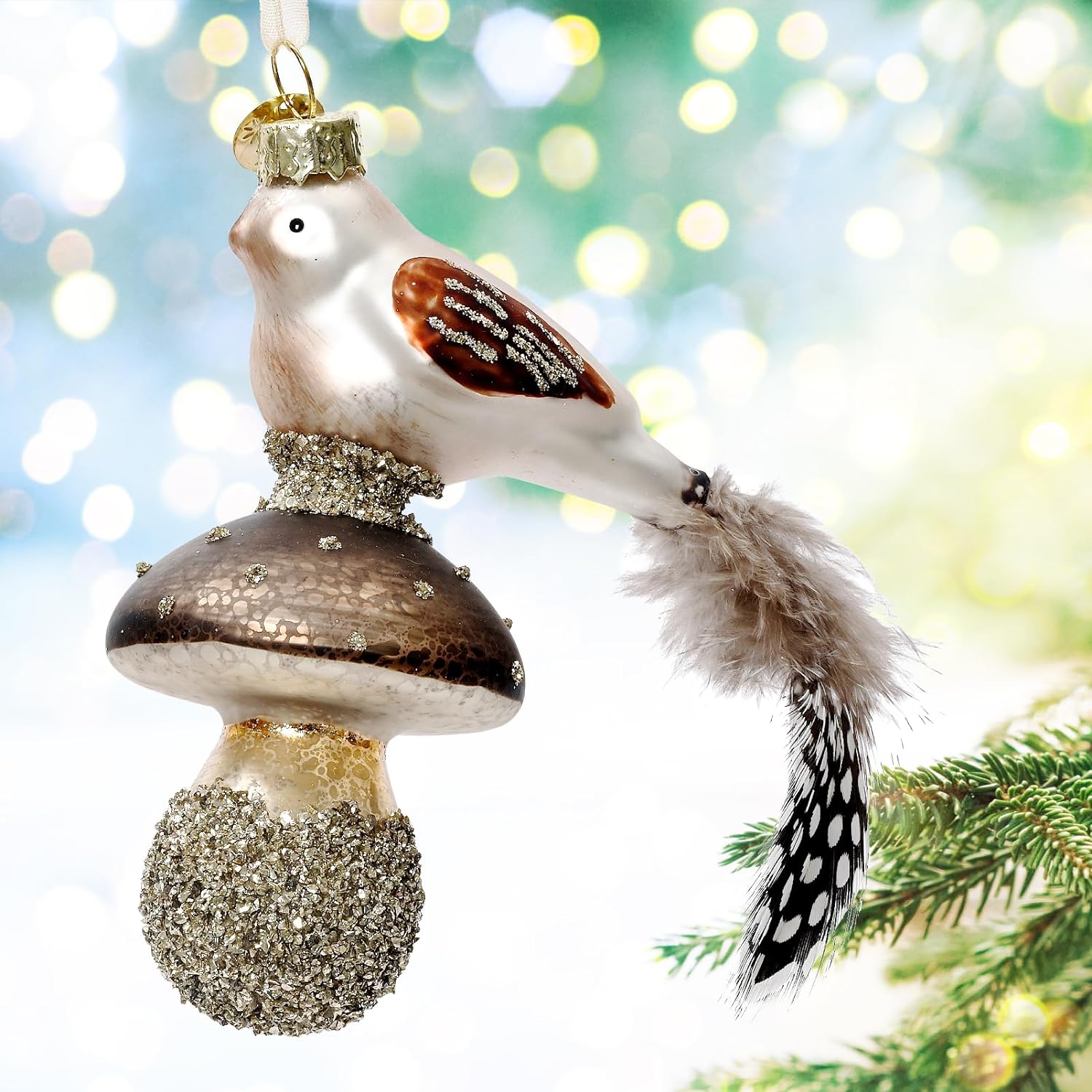blown glass bird and mushroom ornament