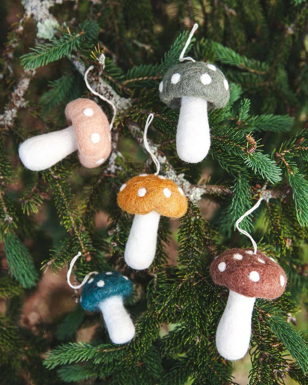 needle felted wool mushroom ornaments