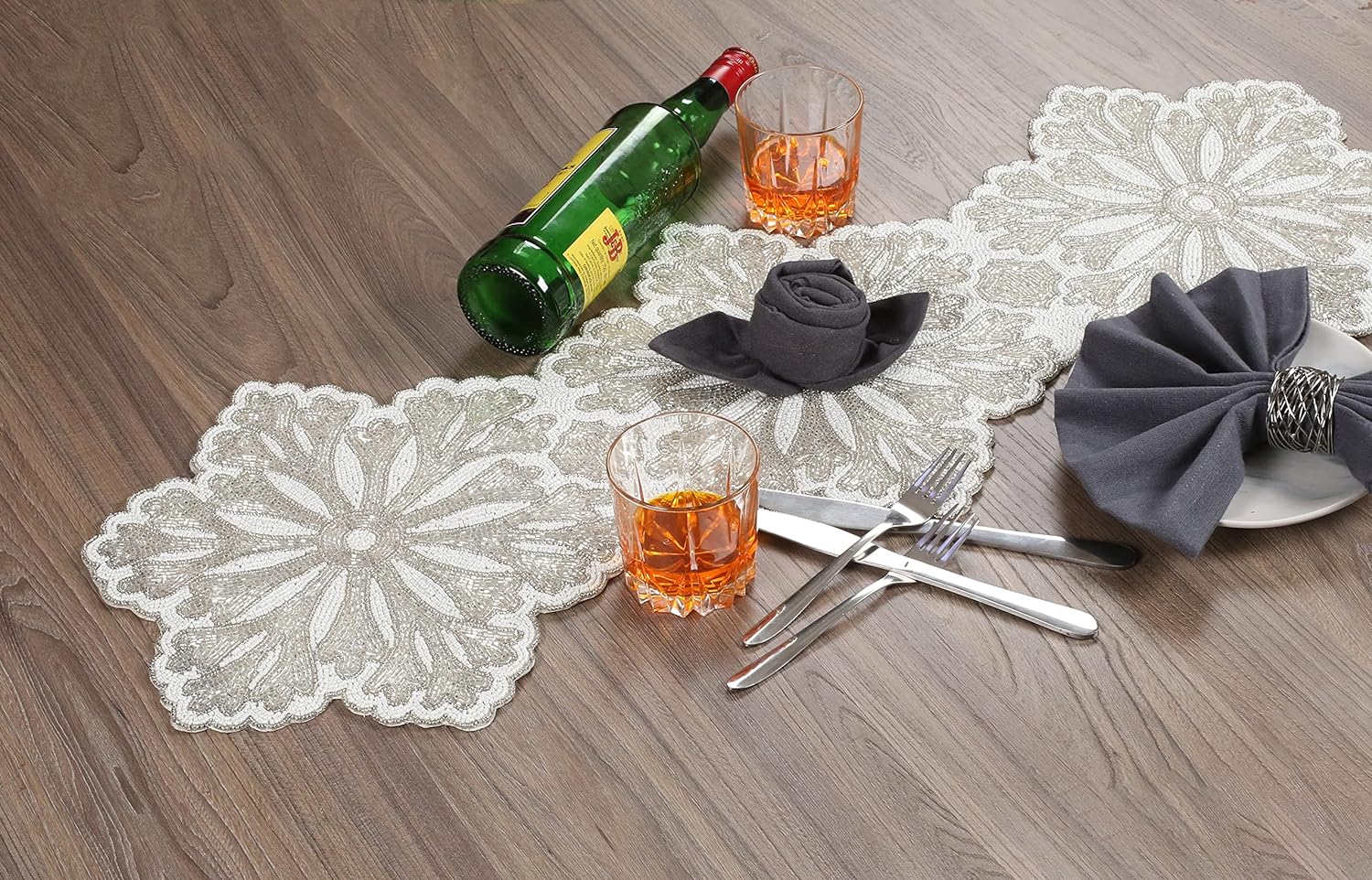 White Beaded Snowflake Table Runner