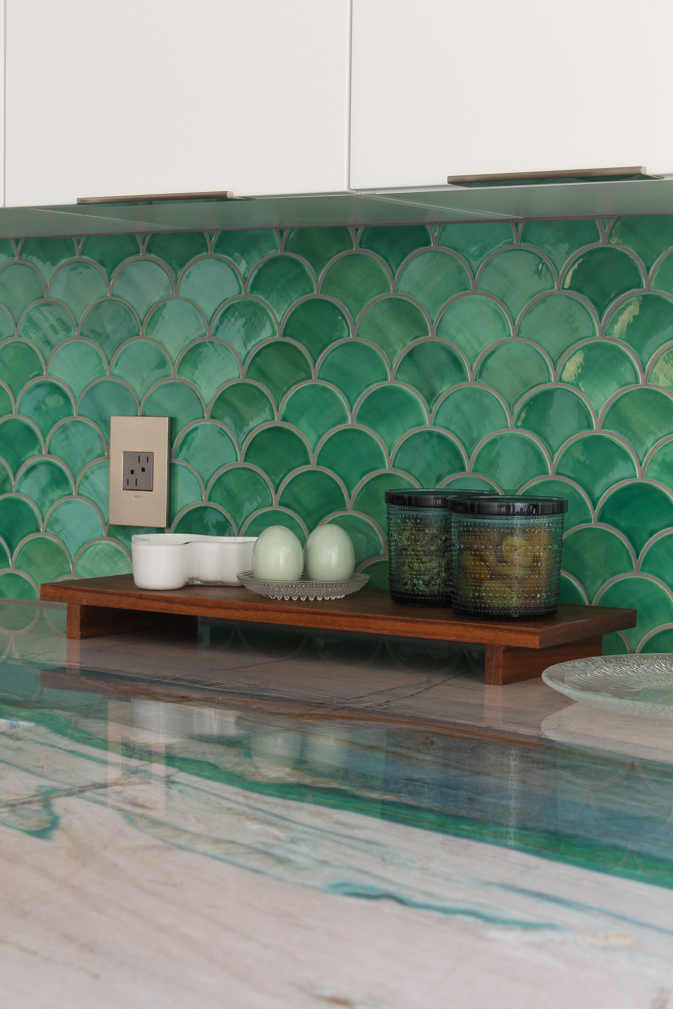 Mercury Mosaics Moroccan Fish Scale Sea Mist with Grey Grout