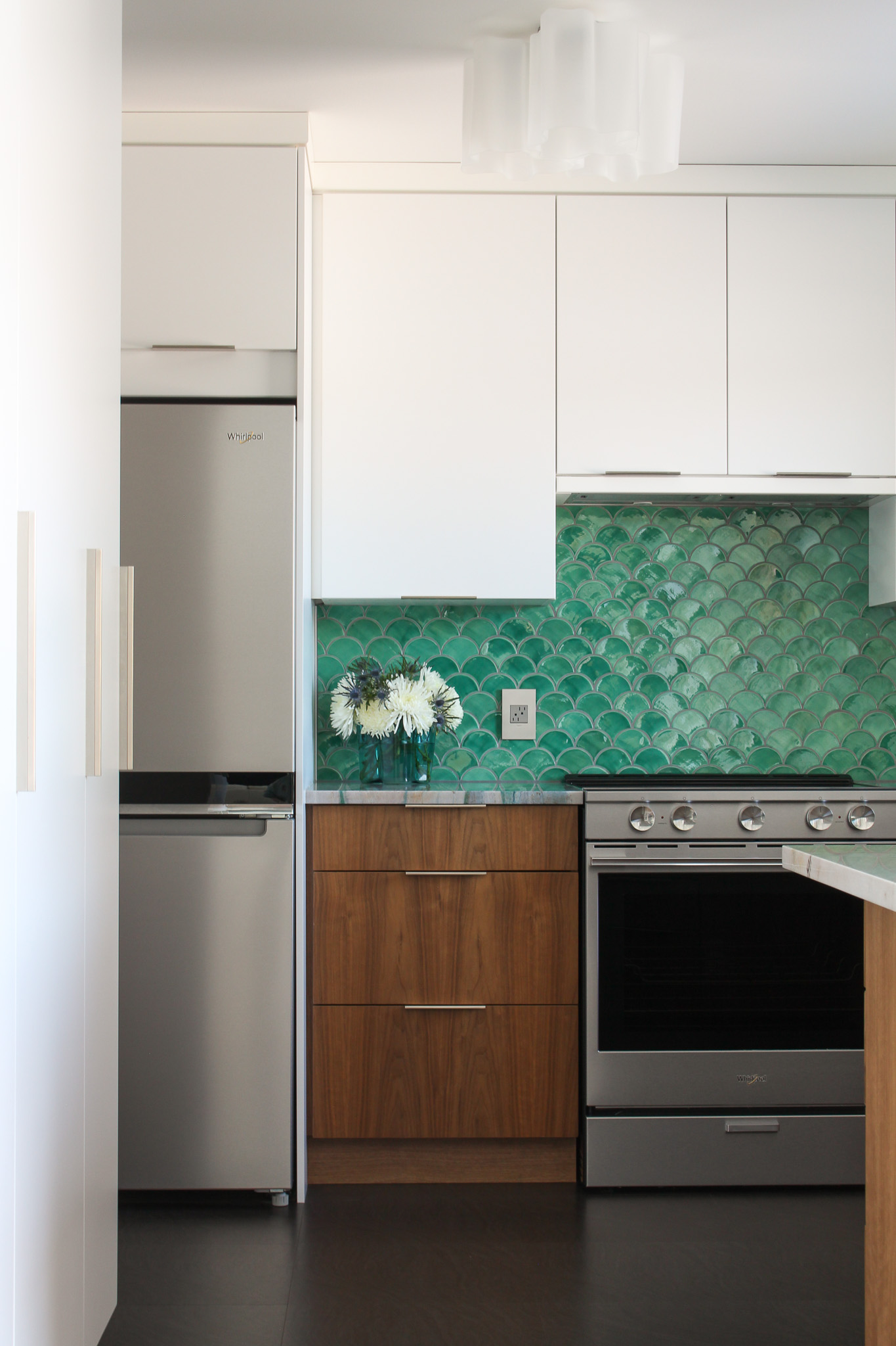 Cool Green Tile Backsplash in MCM Kitchen