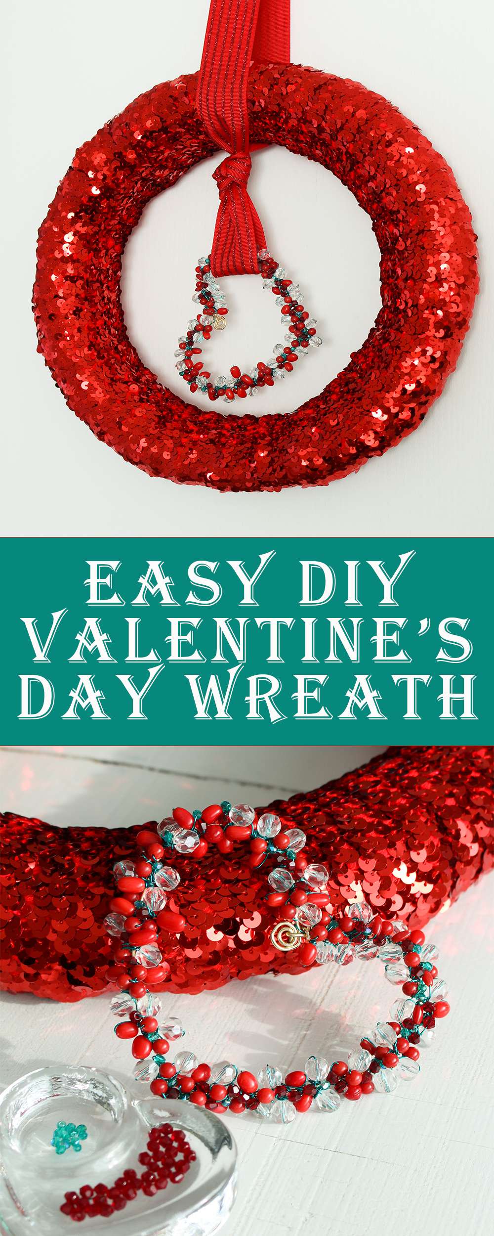 Easy DIY Sequin Valentine's Day Wreath with Beaded Heart Detail