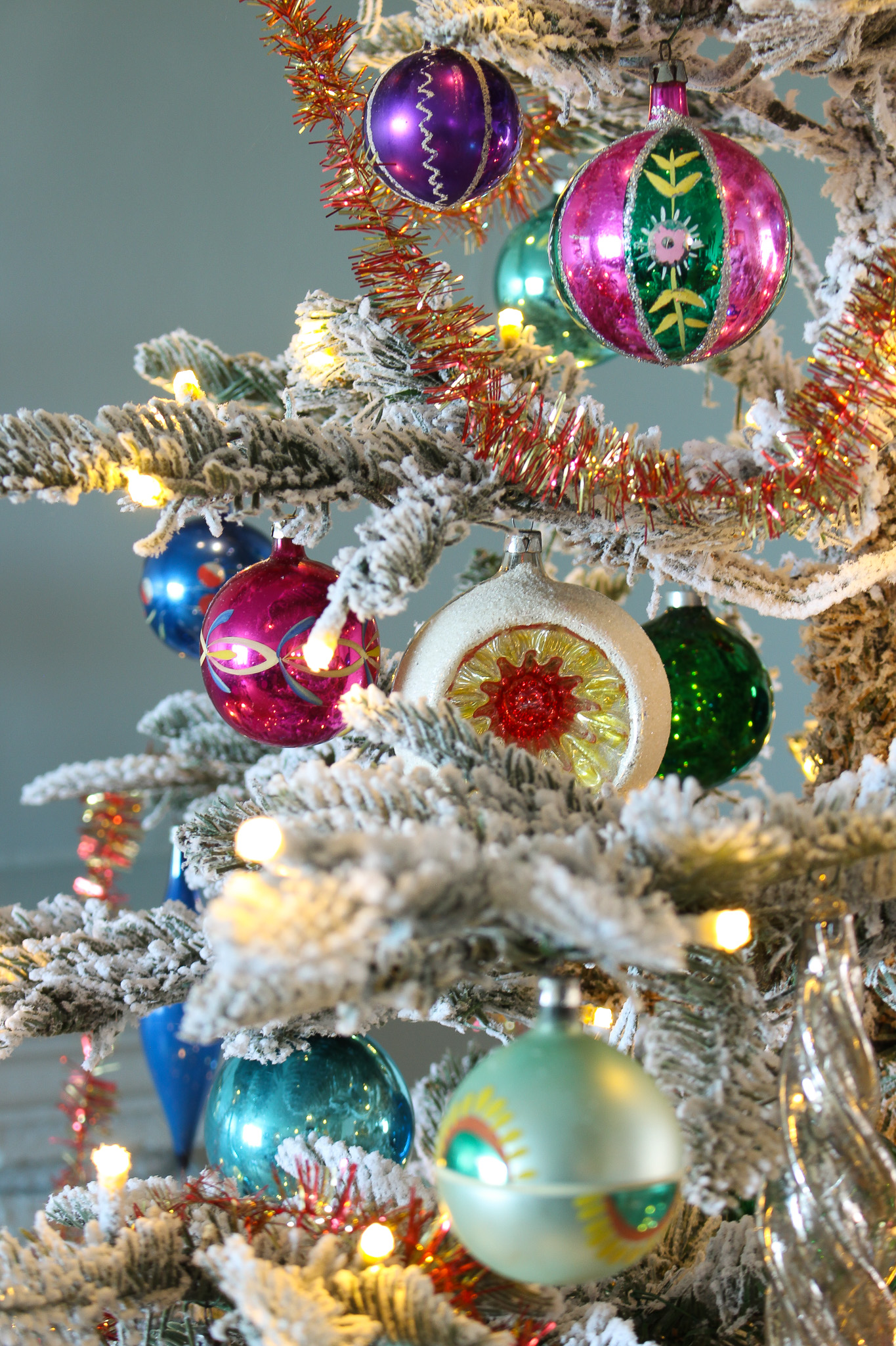 Vintage Ornaments on Flocked Branches